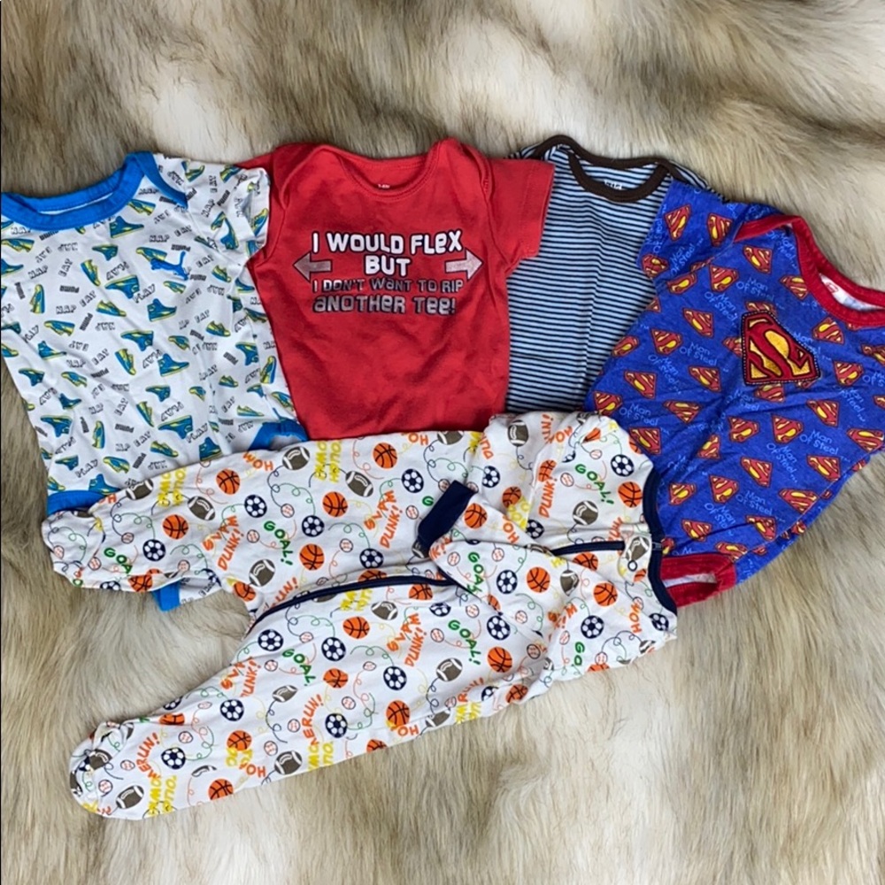 5-Piece Baby Boy Onesie Bundle 3–6M | Superman, Puma, Sports, Footed PJ